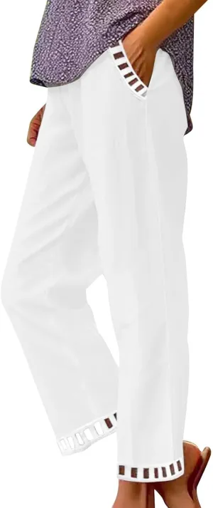 2025 Womens Capri Lace Linen Pants, Casual Summer Drawstring Elastic High Waist Pant Straight Cropped Trouser
