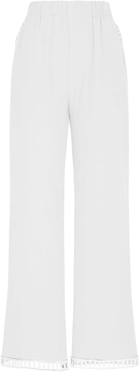 2025 Womens Capri Lace Linen Pants, Casual Summer Drawstring Elastic High Waist Pant Straight Cropped Trouser