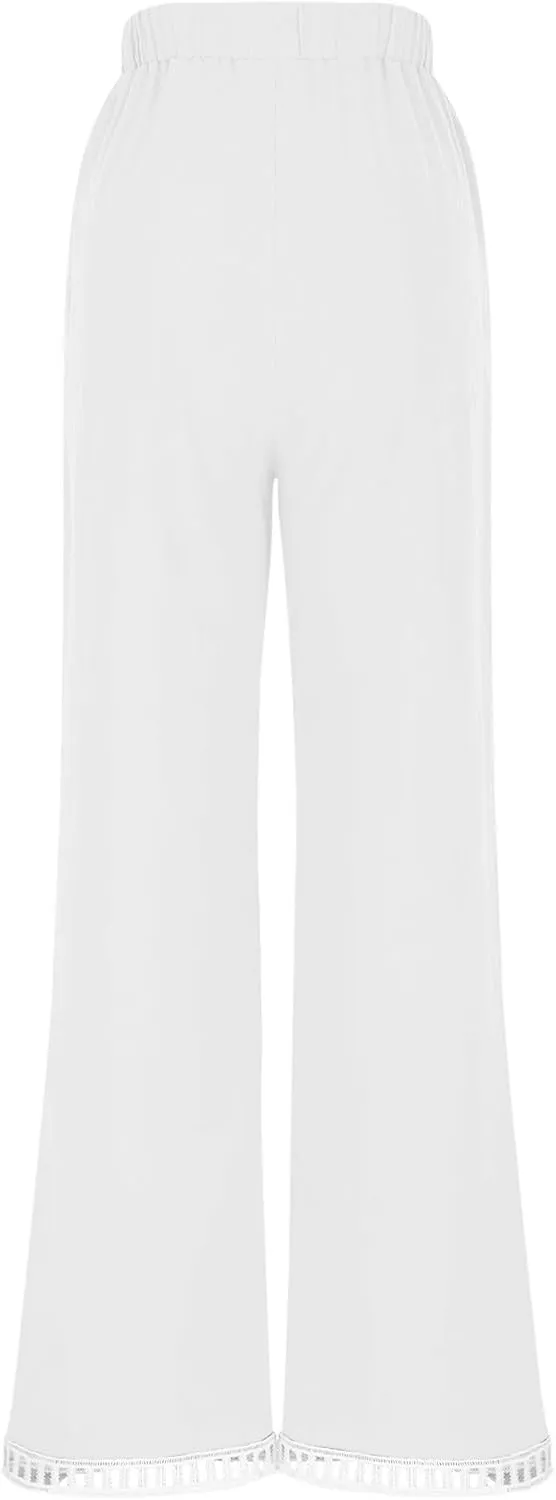 2025 Womens Capri Lace Linen Pants, Casual Summer Drawstring Elastic High Waist Pant Straight Cropped Trouser