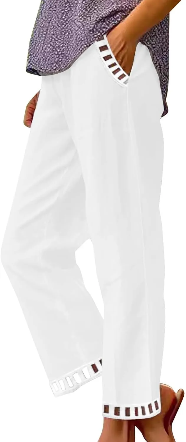 2025 Womens Capri Lace Linen Pants, Casual Summer Drawstring Elastic High Waist Pant Straight Cropped Trouser