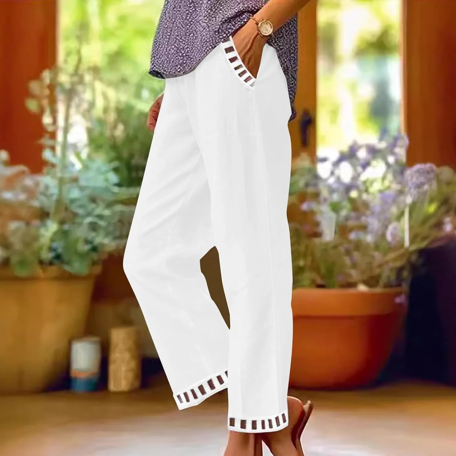 2025 Womens Capri Lace Linen Pants, Casual Summer Drawstring Elastic High Waist Pant Straight Cropped Trouser