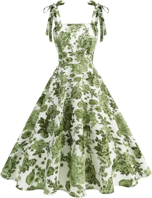50s Dresses for Women 1950s Vintage Floral Cocktail Swing Dress Retro Tie Straps Backless Rockabilly Prom Tea Party Dresses