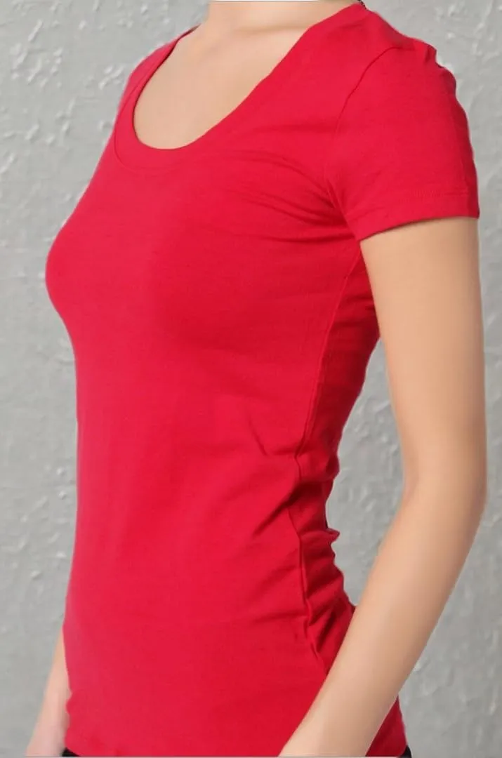 Active Basic Womens Plain Basic Deep Scoop Neck with Cap Short Sleeves