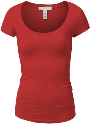 Active Basic Womens Plain Basic Deep Scoop Neck with Cap Short Sleeves