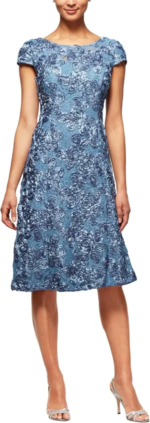 Alex Evenings Women's Tea Length Mother of The Bride Dress with Rosette Lace Detail (Petite and Regular Sizes)