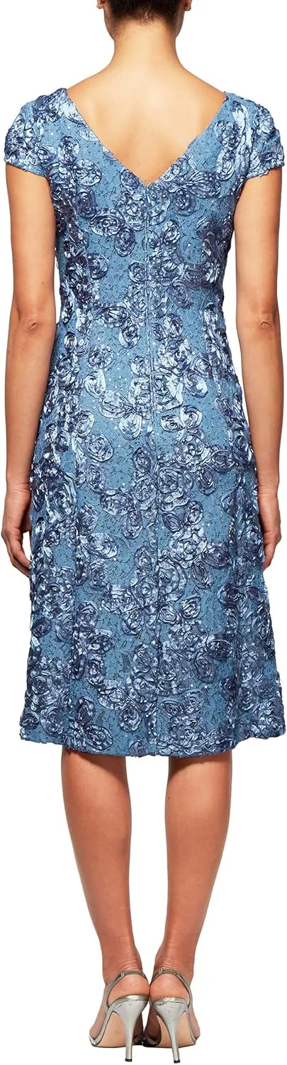 Alex Evenings Women's Tea Length Mother of The Bride Dress with Rosette Lace Detail (Petite and Regular Sizes)