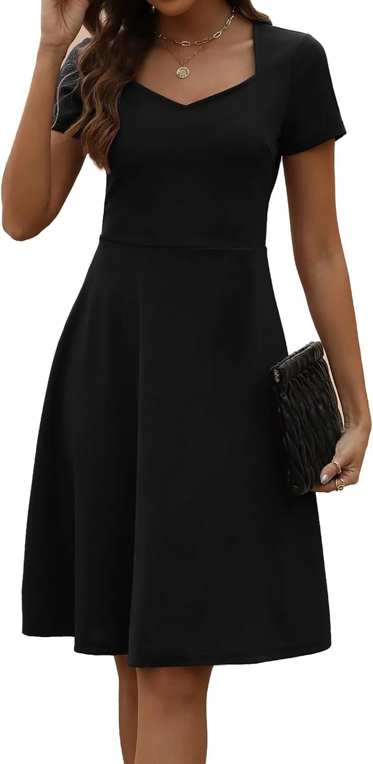 BARASA Women's Wear to Work Dresses Elegant Sweetheart Neck Short Sleeve Party A-Line Knee Length Dress D163