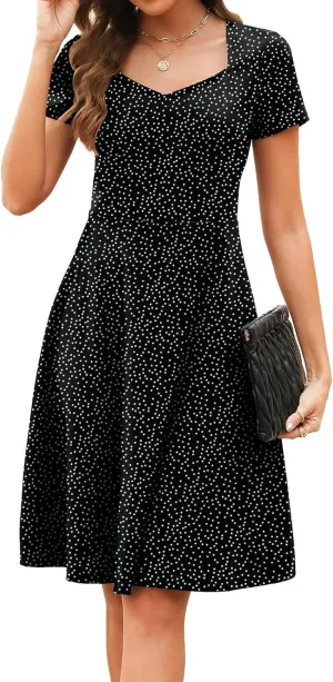 BARASA Women's Wear to Work Dresses Elegant Sweetheart Neck Short Sleeve Party A-Line Knee Length Dress D163