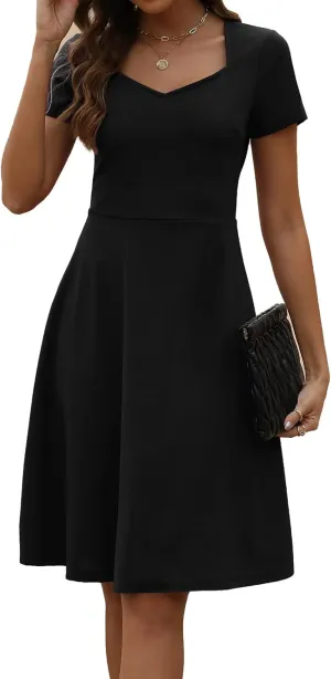 BARASA Women's Wear to Work Dresses Elegant Sweetheart Neck Short Sleeve Party A-Line Knee Length Dress D163