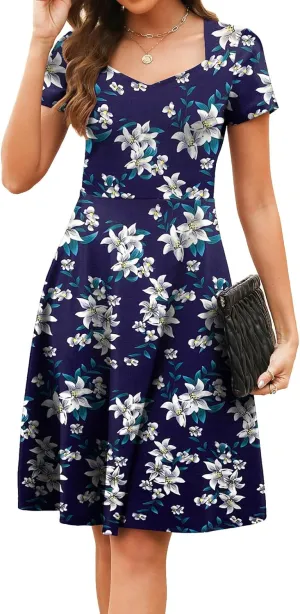 BARASA Women's Wear to Work Dresses Elegant Sweetheart Neck Short Sleeve Party A-Line Knee Length Dress D163