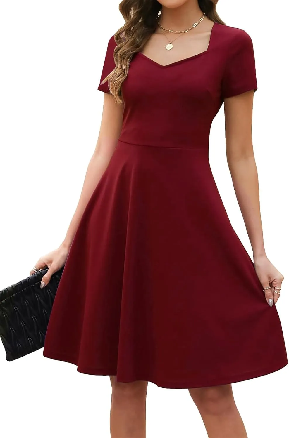 BARASA Women's Wear to Work Dresses Elegant Sweetheart Neck Short Sleeve Party A-Line Knee Length Dress D163