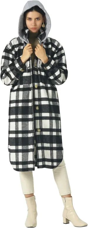 CHARTOU Women's Lightweight Spread Collar Wool Blend Plaid Midi Long Shacket Trench Coat