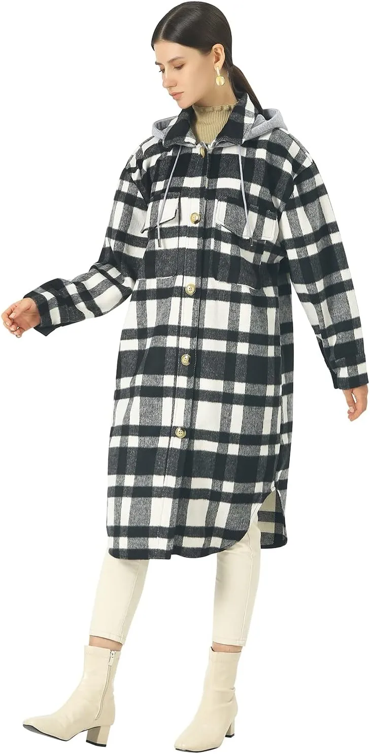 CHARTOU Women's Lightweight Spread Collar Wool Blend Plaid Midi Long Shacket Trench Coat