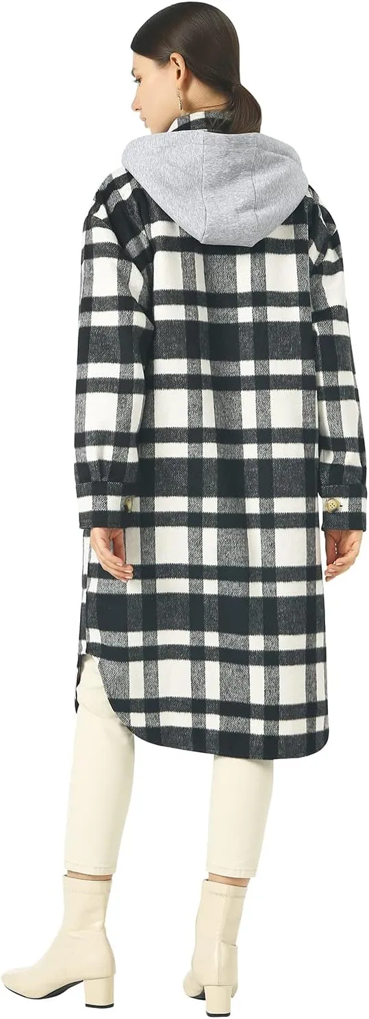 CHARTOU Women's Lightweight Spread Collar Wool Blend Plaid Midi Long Shacket Trench Coat