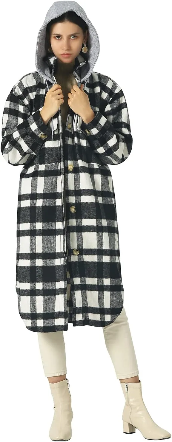 CHARTOU Women's Lightweight Spread Collar Wool Blend Plaid Midi Long Shacket Trench Coat
