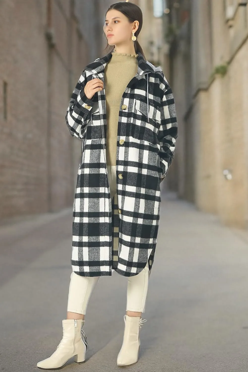 CHARTOU Women's Lightweight Spread Collar Wool Blend Plaid Midi Long Shacket Trench Coat