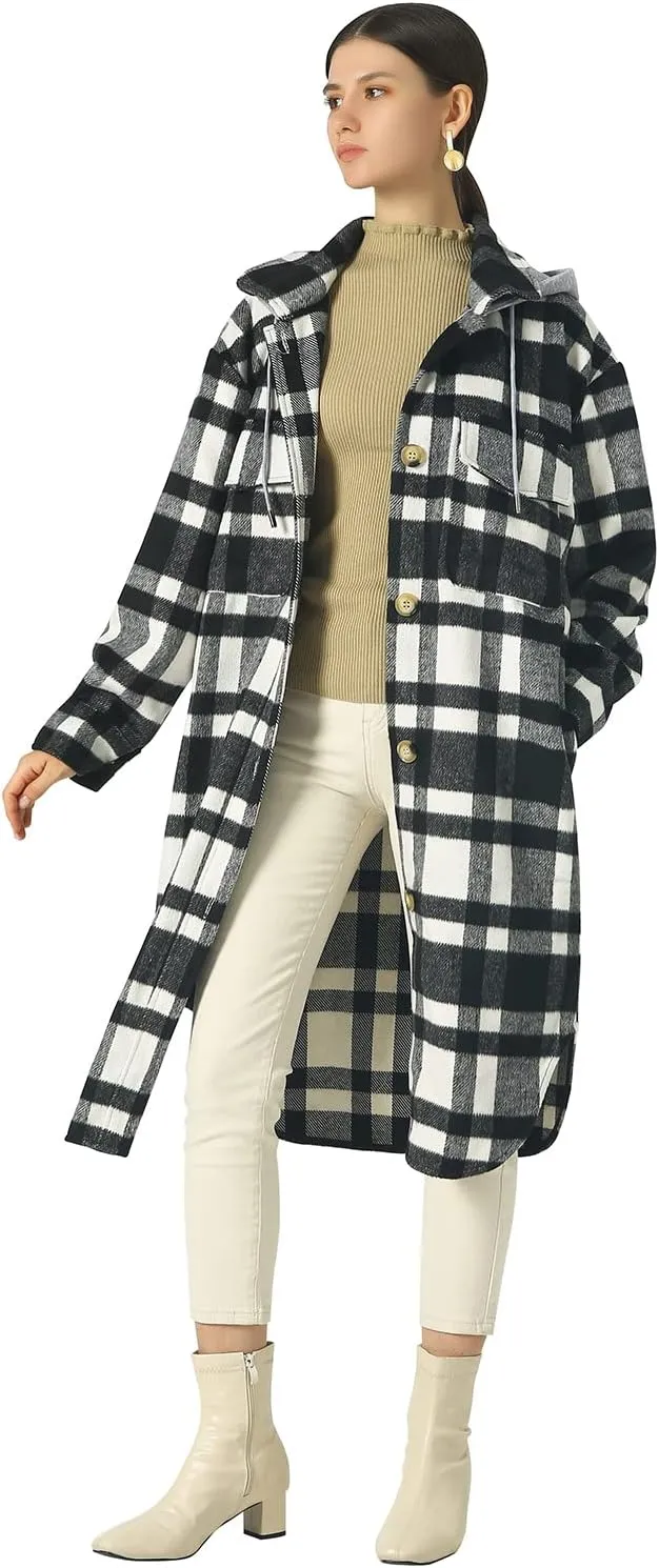 CHARTOU Women's Lightweight Spread Collar Wool Blend Plaid Midi Long Shacket Trench Coat