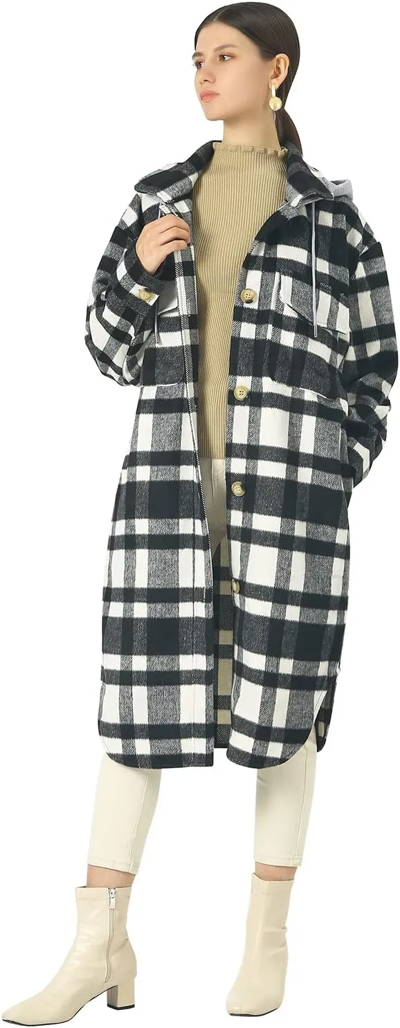 CHARTOU Women's Lightweight Spread Collar Wool Blend Plaid Midi Long Shacket Trench Coat