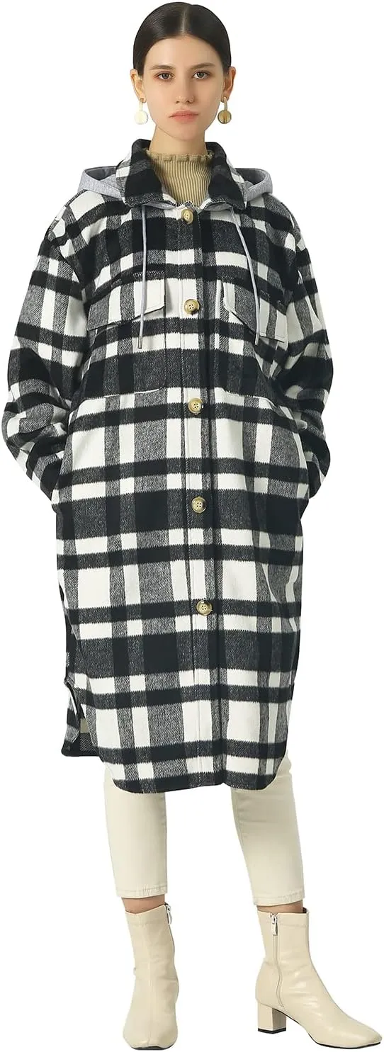 CHARTOU Women's Lightweight Spread Collar Wool Blend Plaid Midi Long Shacket Trench Coat