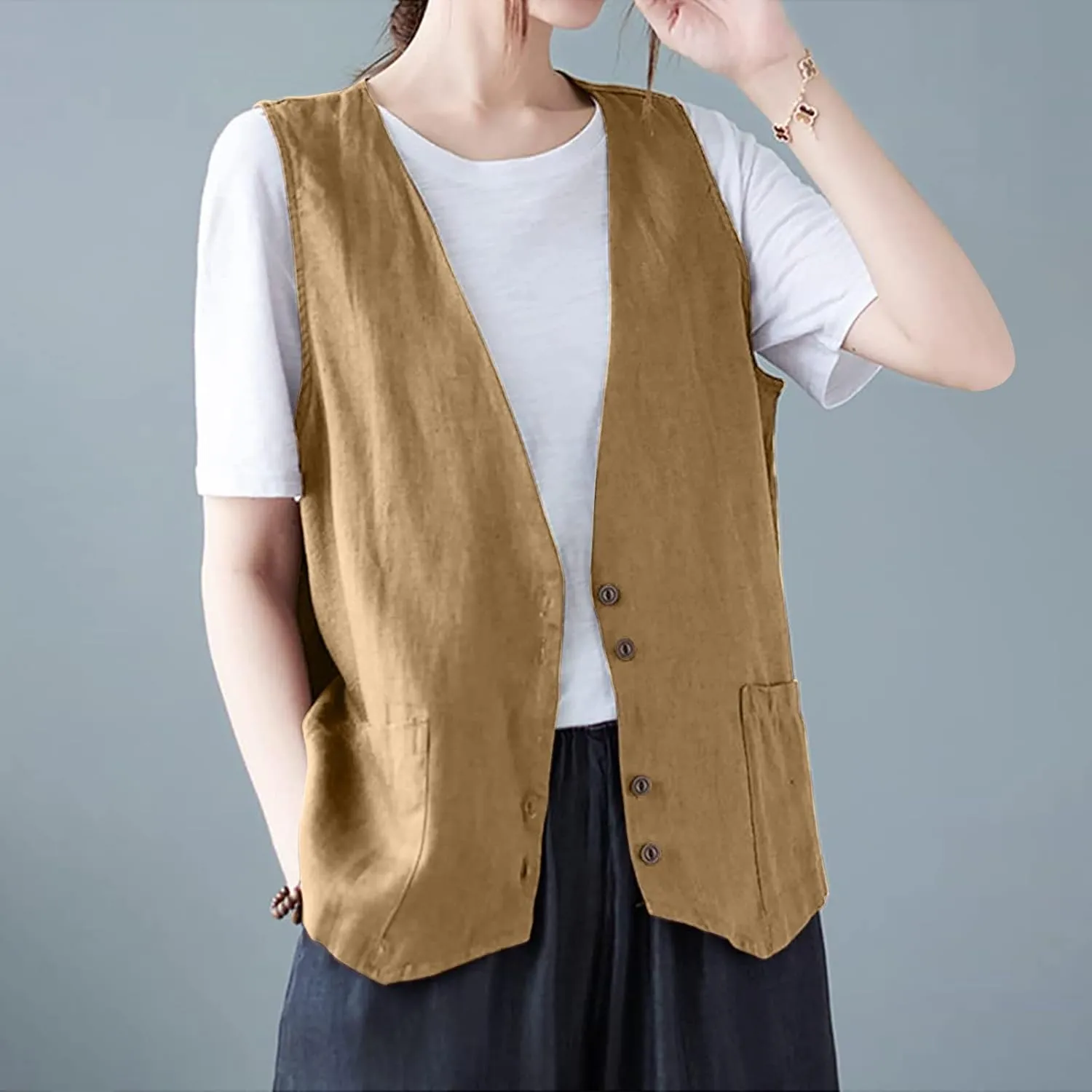 COTECRAM Cotton Linen Vest for Women 2023 Casual Sleeveless Button Down Jacket Lightweight Summer Loose Vests Outerwear