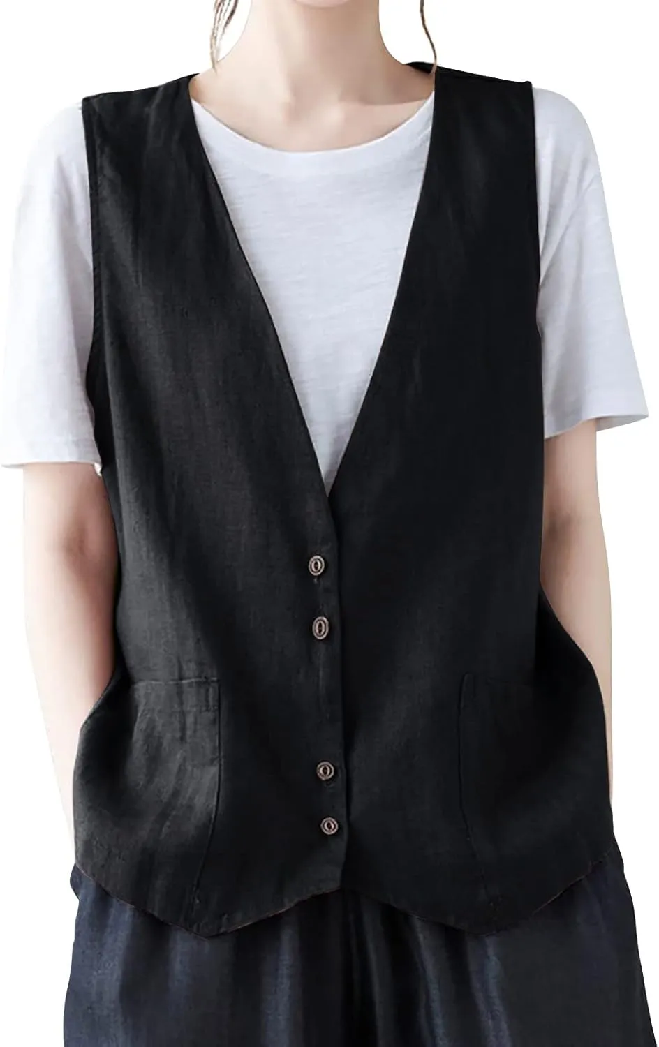 COTECRAM Cotton Linen Vest for Women 2023 Casual Sleeveless Button Down Jacket Lightweight Summer Loose Vests Outerwear