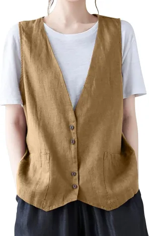 COTECRAM Cotton Linen Vest for Women 2023 Casual Sleeveless Button Down Jacket Lightweight Summer Loose Vests Outerwear