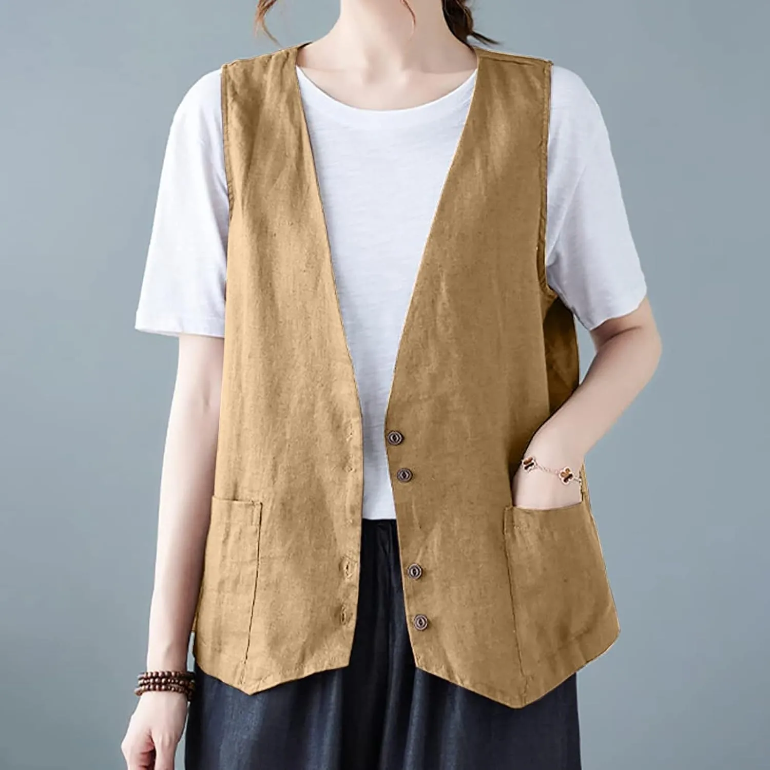 COTECRAM Cotton Linen Vest for Women 2023 Casual Sleeveless Button Down Jacket Lightweight Summer Loose Vests Outerwear
