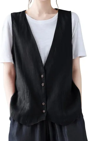 COTECRAM Cotton Linen Vest for Women 2023 Casual Sleeveless Button Down Jacket Lightweight Summer Loose Vests Outerwear