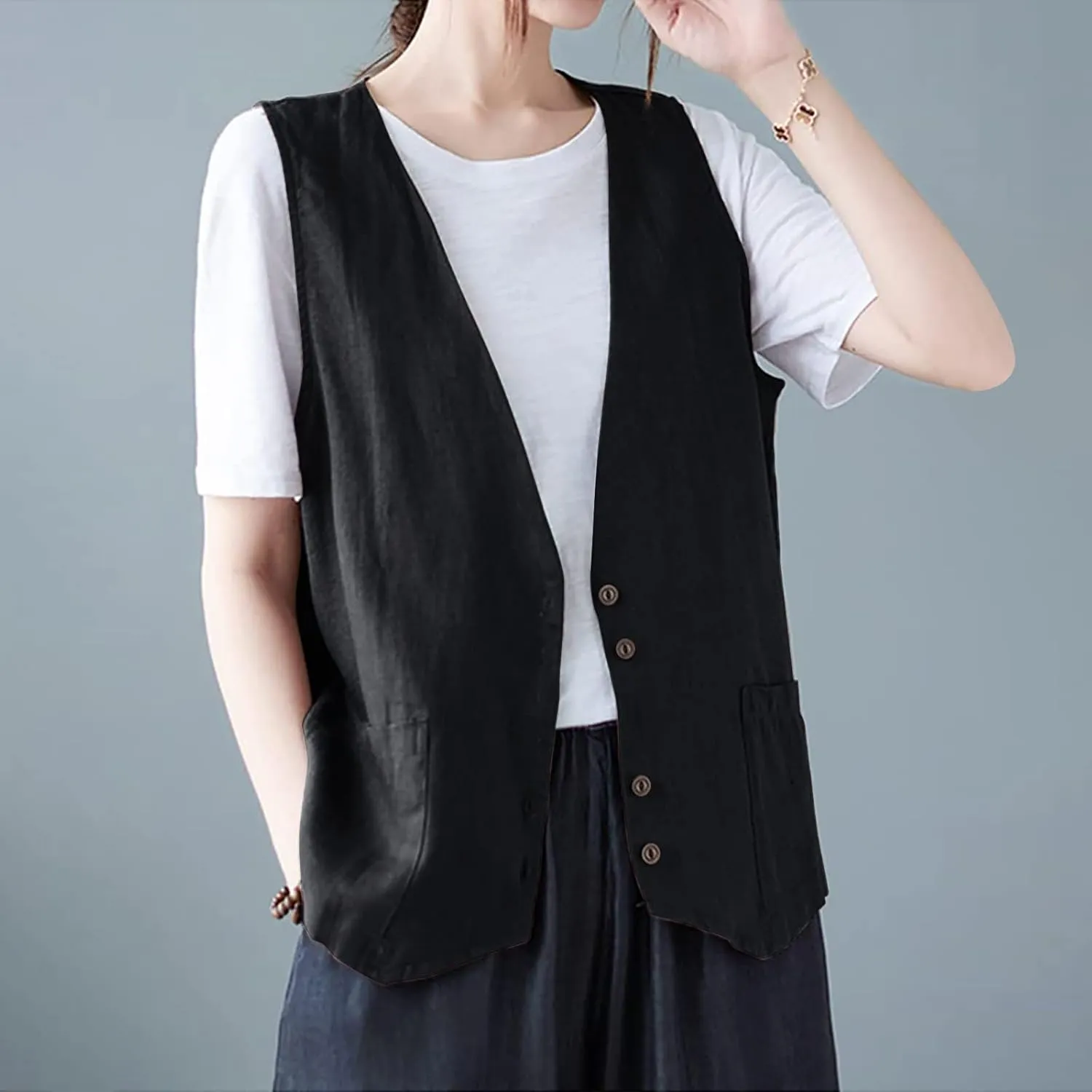 COTECRAM Cotton Linen Vest for Women 2023 Casual Sleeveless Button Down Jacket Lightweight Summer Loose Vests Outerwear