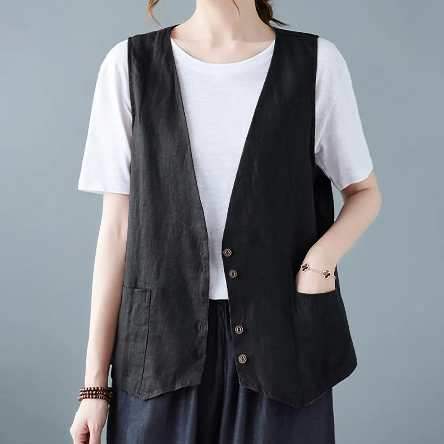 COTECRAM Cotton Linen Vest for Women 2023 Casual Sleeveless Button Down Jacket Lightweight Summer Loose Vests Outerwear