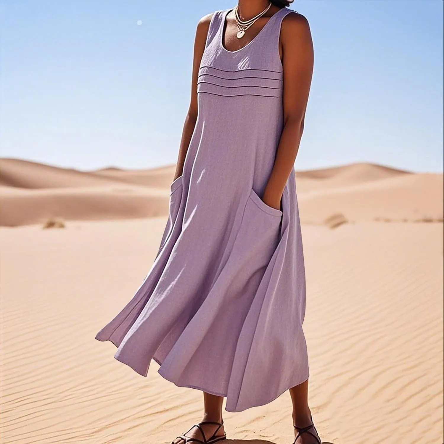 Cotton Linen Tank Dresses for Women Casual Summer Sleeveless Pleated Front Scoop Neck Flowy Midi Sundress with Pockets