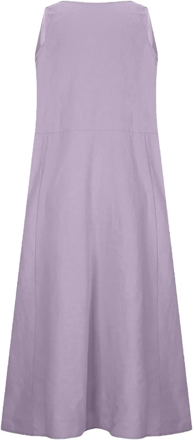 Cotton Linen Tank Dresses for Women Casual Summer Sleeveless Pleated Front Scoop Neck Flowy Midi Sundress with Pockets