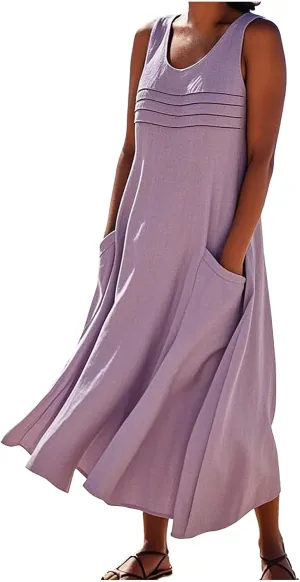 Cotton Linen Tank Dresses for Women Casual Summer Sleeveless Pleated Front Scoop Neck Flowy Midi Sundress with Pockets