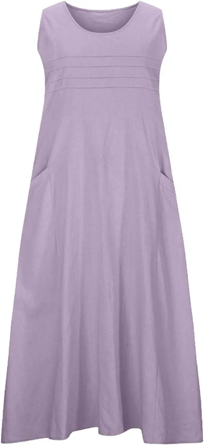 Cotton Linen Tank Dresses for Women Casual Summer Sleeveless Pleated Front Scoop Neck Flowy Midi Sundress with Pockets