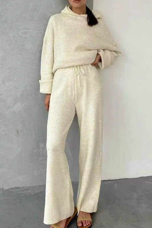 Cream Loungewear Knitted Hoodie And Pants 2pc Set