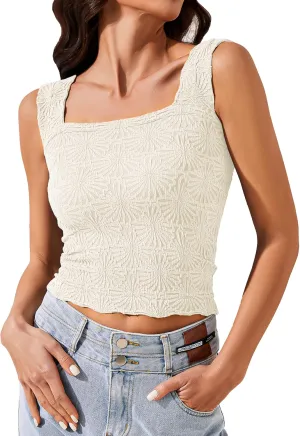 Cropped Tank Tops for Women Square Neck Wide Straps Crop Tank Tops Backless Lettuce Trim Slim Fit Cami Tank Tops