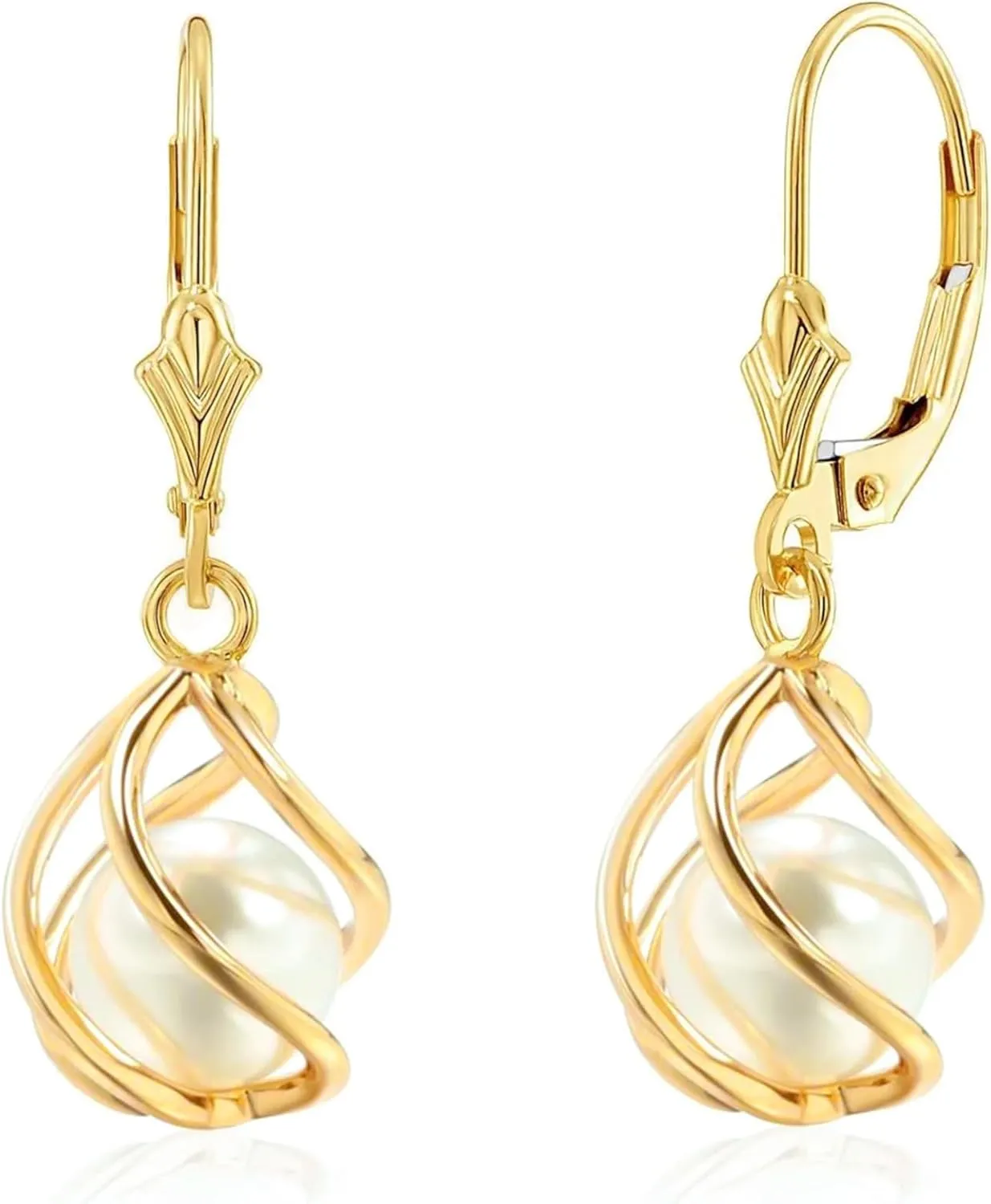 Dangle Earrings for Women 14K Gold plated Caged Lightweight Leverback Pearl Dangling Drop Elegant Jewelry for Weddings, Gifts, Everyday Wear