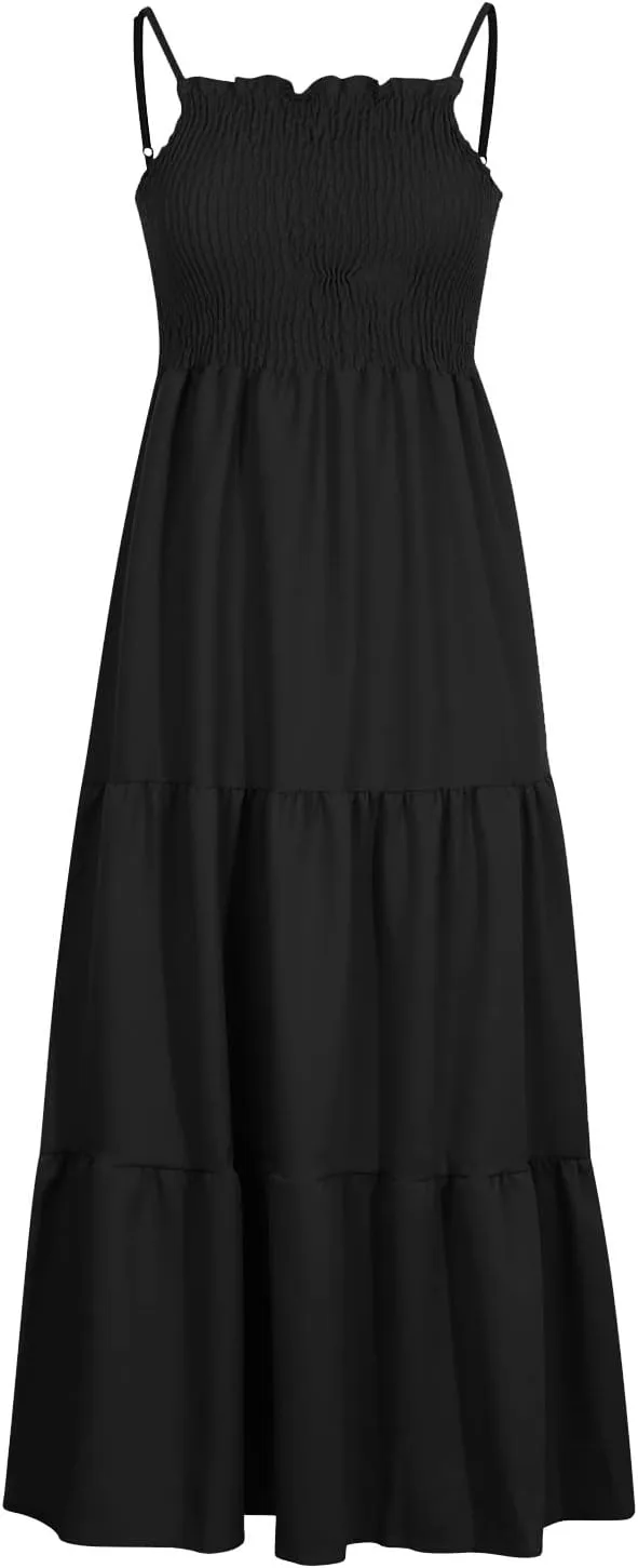 Dresses for Women 2024 Casual Bohemian Spaghetti Strap Smocked Tiered Long Beach Dresses Sleeveless Maxi Dress
