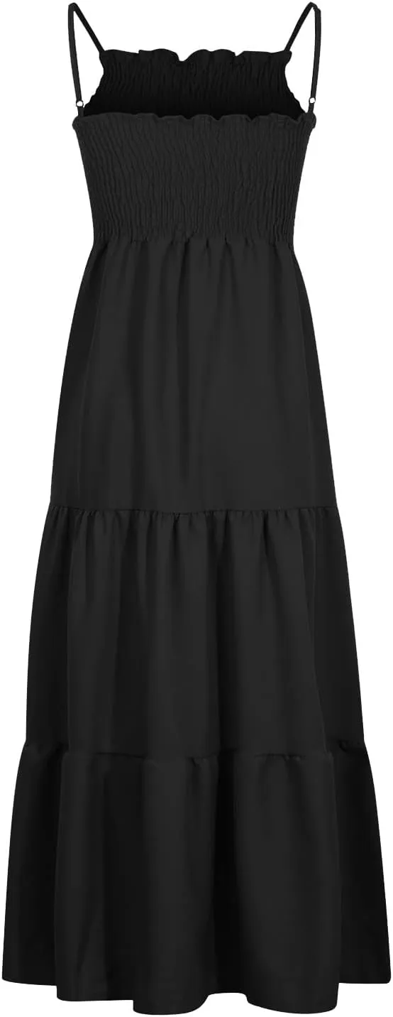 Dresses for Women 2024 Casual Bohemian Spaghetti Strap Smocked Tiered Long Beach Dresses Sleeveless Maxi Dress