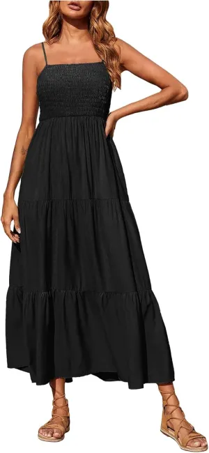 Dresses for Women 2024 Casual Bohemian Spaghetti Strap Smocked Tiered Long Beach Dresses Sleeveless Maxi Dress