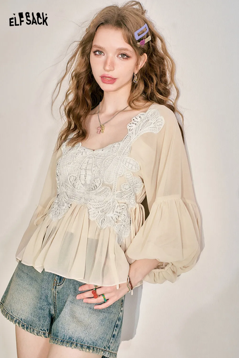 ELFSACK 2024 Summer New Immortal Air Hollow Lace Chiffon Shirt Women's Cover Up Thin Gauze Top