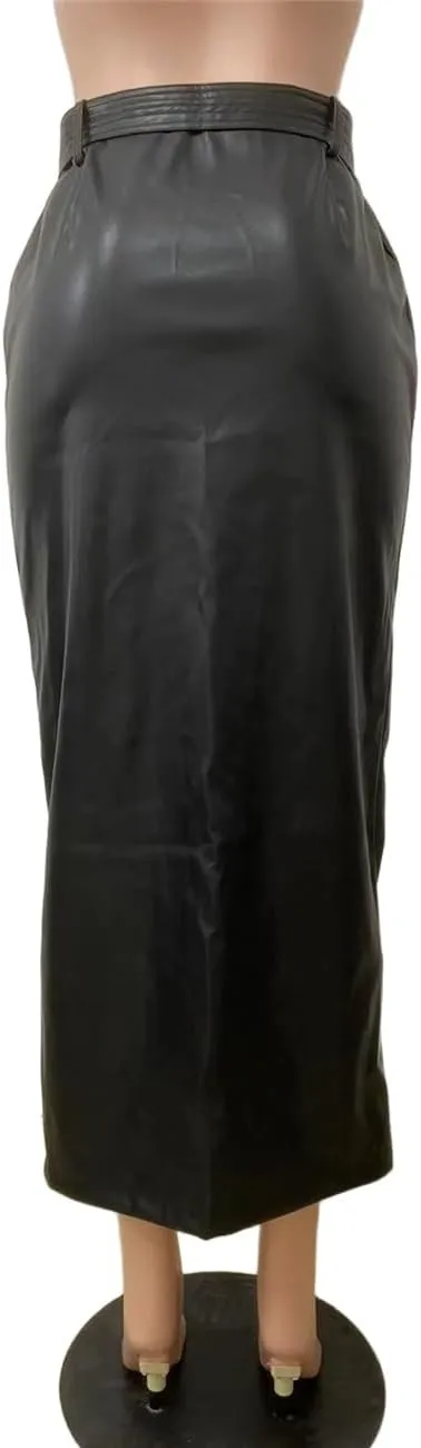 Faux PU Leather Maxi Long Skirt with Belt, Women Button Down Slit Skirt