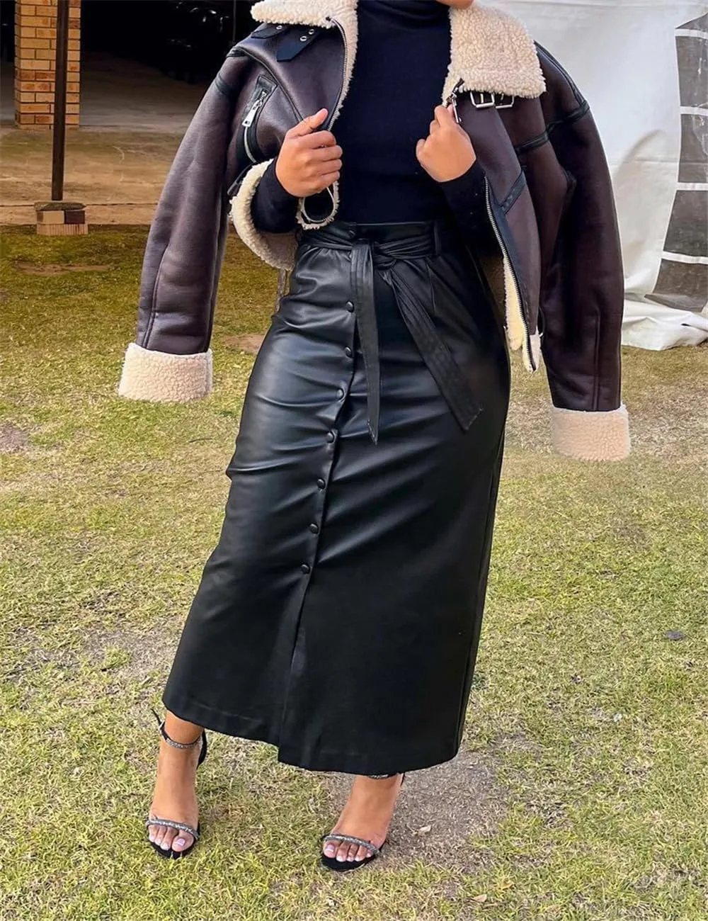 Faux PU Leather Maxi Long Skirt with Belt, Women Button Down Slit Skirt