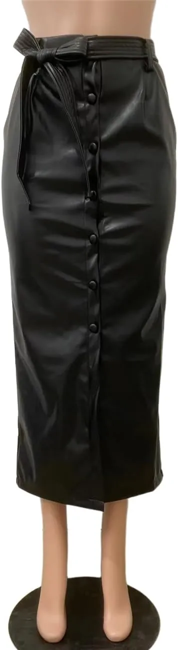 Faux PU Leather Maxi Long Skirt with Belt, Women Button Down Slit Skirt