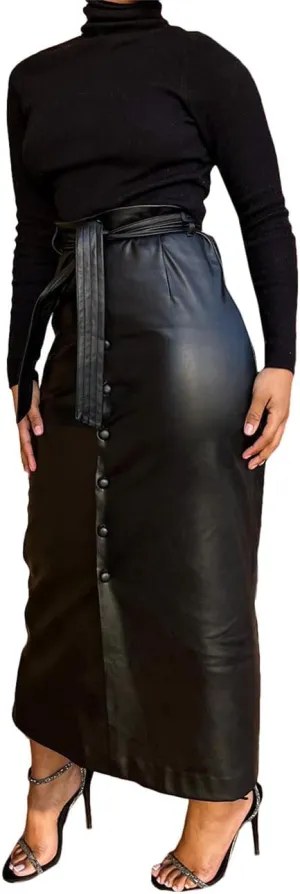 Faux PU Leather Maxi Long Skirt with Belt, Women Button Down Slit Skirt