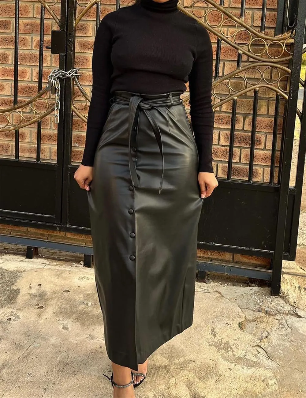 Faux PU Leather Maxi Long Skirt with Belt, Women Button Down Slit Skirt