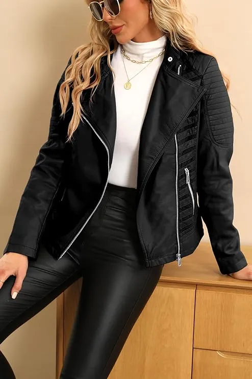 Giolshon Women Faux Leather Casual Jacket, Motorcycle Bike Coat