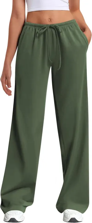 HeSaYep Women's Wide Leg Sweatpants Straight Leg Lowrise Sweat Pants Drawstring Elastic Low Waist Pants with Pockets