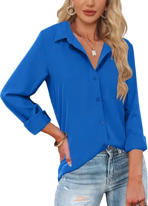 HOTOUCH Womens Button Down Shirts Long Sleeve Dress Shirts Casual V Neck Collared Tops Work Office Blouse with Pocket