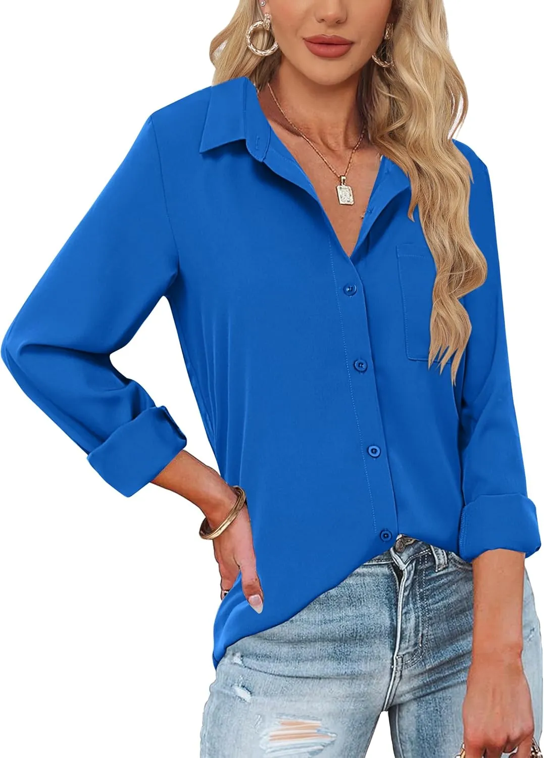 HOTOUCH Womens Button Down Shirts Long Sleeve Dress Shirts Casual V Neck Collared Tops Work Office Blouse with Pocket